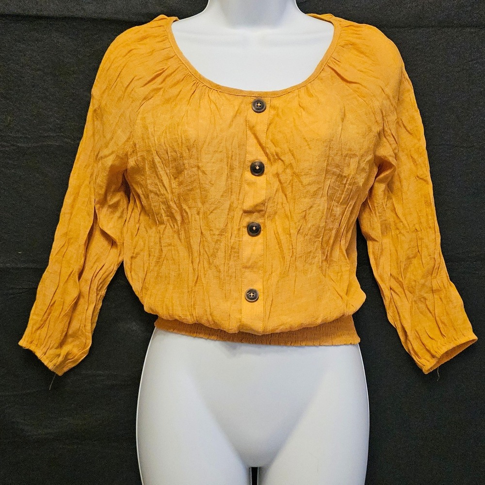 Crescent & Willough Mustard Yellow Crinkle Smocked Hem Blouse D244A-132 Large